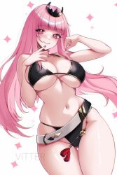  alternate_costume bare_shoulders belt bikini black_bikini black_tiara breasts cleavage closed_mouth collarbone cowboy_shot female gold_trim hololive hololive_english jewelry large_breasts legs_together long_hair looking_at_viewer mori_calliope mori_calliope_(1st_costume) navel pink_eyes pink_hair pink_nails red_eyes silver_belt simple_background smile solo standing stomach swimsuit thigh_gap thighs tiara virtual_youtuber vitter white_background 