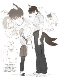  0820_lakia 2girls animal_ears apron blonde_hair brown_apron brown_hair commentary_request dog_ears dog_girl dog_tail hair_over_eyes height_difference highres holding holding_leash korean_commentary korean_text leash licking licking_another&#039;s_face multiple_girls multiple_tails original shirt short_hair simple_background standing tail tongue tongue_out translation_request white_background white_shirt yuri 