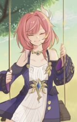  absurdres bare_shoulders closed_eyes commentary cyrene_(honkai:_star_rail) dress english_commentary facing_viewer female hair_intakes hair_ornament highres honkai:_star_rail honkai_(series) jewelry long_sleeves medium_hair necklace off-shoulder_dress off_shoulder on_swing pink_hair polkacat purple_dress solo swing two-tone_dress white_dress 