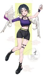  :d absurdres arms_up bare_shoulders black_boots black_hair black_shorts blush boots brown_eyes crop_top cropped_shirt female full_body green_ribbons hair_ribbon hand_fan hashtag-only_commentary highres holding holding_fan jewelry lace-up_boots looking_at_viewer necklace nijisanji off-shoulder_shirt off_shoulder ogura_tubuan open_mouth parted_bangs purple_shirt ribbon shirt short_hair shorts single_sleeve smile solo standing thigh_strap virtual_youtuber yamagami_karuta 