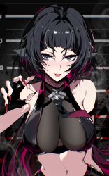  absurdres adapted_costume aer007580 animal_ears bare_shoulders black_gloves black_hair black_necktie blush breasts commentary female fingerless_gloves glint gloves gradient_hair green_eyes hand_up heart heart_in_eye highres jane_doe_(zenless_zone_zero) large_breasts looking_at_viewer mouse_ears mouse_girl multicolored_hair nail_polish navel necktie nose_blush parted_lips red_hair red_nails red_necktie sidelocks smile solo streaked_hair symbol_in_eye two-tone_necktie upper_body very_long_fingernails zenless_zone_zero 
