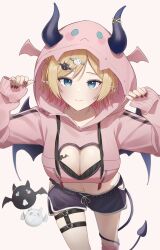  :3 absurdres black_horns black_shorts blonde_hair bra bra_peek breast_tattoo breasts cleavage cleavage_cutout closed_mouth clothing_cutout commentary_request cowboy_shot cropped_hoodie demon_girl demon_horns demon_tail demon_wings dolphin_shorts female garter_straps hands_up highres hip_vent hololive hood hood_up hoodie horns large_breasts looking_at_viewer midriff moonlightlight navel official_alternate_costume official_alternate_hairstyle pink_hoodie pointy_ears short_hair short_shorts shorts simple_background single_garter_strap sleeves_past_wrists solo swept_bangs tail tail_around_own_leg tattoo thigh_strap underwear virtual_youtuber white_background winged_heart winged_heart_tattoo wings yuzuki_choco yuzuki_choco_(9th_costume) 