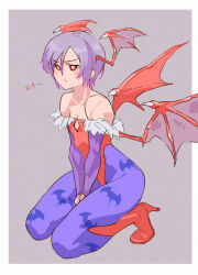  animal_print bare_shoulders bat_print bat_wings between_legs boots border breasts commentary darkstalkers demon_girl female fur-trimmed_leotard fur_trim futa_yuri_ryona hand_between_legs head_wings high_heel_boots high_heels kneeling leotard lilith_(darkstalkers) low_wings outside_border own_hands_together pantyhose print_pantyhose purple_hair purple_pantyhose red_boots red_eyes red_leotard short_hair small_breasts solo strapless strapless_leotard white_border wings 