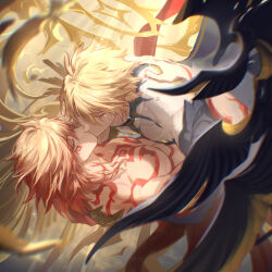  2boys alternate_form arm_tattoo asymmetrical_wings black_shirt black_wings blonde_hair braid chest_tattoo cracked_skin facial_tattoo gradient_hair hair_between_eyes halo halo_behind_head hand_on_another&#039;s_back hashtag-only_commentary highres honkai:_star_rail honkai_(series) kissing male_focus material_growth medium_hair multicolored_hair multiple_boys mydei_(honkai:_star_rail) nlllllllll0216 phainon_(honkai:_star_rail) red_hair red_tattoo shirt short_hair side_braid tattoo tears topless_male torn_clothes torn_shirt wings yaoi yellow_blood yellow_eyes yellow_wings 