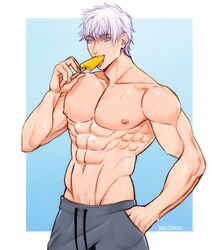  bolloxxxz jujutsu_kaisen male male_only muscles muscular muscular_male popsicle popsicle_in_mouth satoru_gojo shirtless_male sweatpants white_hair 