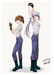  2girls adjusting_clothes adjusting_gloves arms_up back-to-back belt black_footwear black_gloves blue_eyes blue_pants boots brown_hair closed_mouth commentary_request fingerless_gloves from_side gloves grey_background grey_hair grey_shirt hair_ornament hair_up highres leoheart looking_at_viewer lyrical_nanoha mahou_shoujo_lyrical_nanoha mahou_shoujo_lyrical_nanoha_a&#039;s mahou_shoujo_lyrical_nanoha_strikers multiple_girls own_hands_together pants ponytail red_eyes reinforce shadow shirt short_ponytail short_sleeves simple_background smile standing stretching t-shirt uniform white_belt x_hair_ornament yagami_hayate 