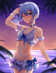  ;) absurdres arm_strap arm_up bikini black_choker blue_bow blue_eyes blue_hair bow bracelet breasts choker cleavage closed_mouth collarbone cowboy_shot dusk female floating_hair hair_between_eyes hair_ornament heart_bikini highleg highleg_bikini highres hololive hololive_summer_2022_swimsuit hoshimachi_suisei jewelry layered_bikini long_hair medium_breasts navel ocean one_eye_closed outdoors phoebe_(pixiv_55159801) shiny_skin side_ponytail smile solo standing star_(symbol) star_in_eye star_trail swimsuit symbol_in_eye virtual_youtuber white_bikini 