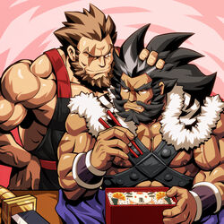  2boys bara bare_pectorals beard bento character_request chest_belt facial_hair headpat highres large_pectorals long_hair male_focus mature_male multiple_boys muscular muscular_male nipples pectorals sangokushi_puzzle_taisen scar scar_across_eye scar_on_chest scar_on_face smile tank_top wrinkled_skin yaoi zelo-lee 