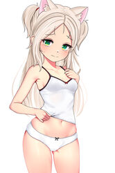  absurdres animal_ear_fluff animal_ears ass_visible_through_thighs azur_lane bare_shoulders blush breasts camisole cat_ears closed_mouth collarbone cowboy_shot dedorudy female green_eyes groin highres light_brown_hair long_hair looking_at_viewer midriff navel panties parted_bangs simple_background sims_(azur_lane) small_breasts solo standing striped sweatdrop two_side_up underwear white_background white_camisole white_panties 