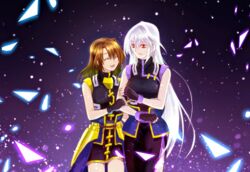  2girls arm_grab armor black_dress black_gloves brown_hair closed_eyes closed_mouth commentary_request dress faulds fingerless_gloves gloves hair_ornament highres leoheart light_particles long_dress long_hair looking_at_another lyrical_nanoha magical_girl mahou_shoujo_lyrical_nanoha mahou_shoujo_lyrical_nanoha_a&#039;s mahou_shoujo_lyrical_nanoha_strikers multiple_girls open_mouth partial_commentary red_eyes reinforce short_dress short_hair sleeveless sleeveless_dress smile standing waist_cape white_hair x_hair_ornament yagami_hayate 