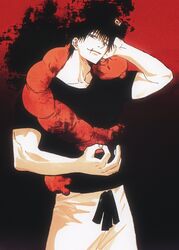  1boy black_hair black_shirt blood commentary_request fushiguro_touji green_eyes highres jujutsu_kaisen looking_at_viewer male_focus mature_male monster muscular muscular_male pants scar scar_on_face scar_on_mouth shenshan_laolin shirt short_hair short_sleeves smirk white_pants 