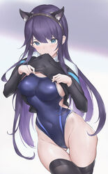  animal_ear_fluff animal_ears ass_visible_through_thighs back_cutout black_hairband black_shirt black_thighhighs blue_eyes blue_gemstone blue_one-piece_swimsuit blush breasts cat_ears closed_mouth clothes_in_mouth clothes_lift clothing_cutout commentary_request commission competition_swimsuit covered_navel cowboy_shot embarrassed female gem grey_background groin hair_between_eyes hairband half-closed_eyes hands_up highleg highleg_swimsuit highres hip_bones legs_together lifting_own_clothes long_hair long_sleeves looking_at_viewer medium_breasts mouth_hold narrow_waist one-piece_swimsuit original parfaitlate purple_hair raised_eyebrows shirt shirt_in_mouth shirt_lift sidelocks simple_background solo standing straight_hair sweat swimsuit swimsuit_under_clothes thigh_gap thighhighs turtleneck two-tone_background undressing very_long_hair white_background 