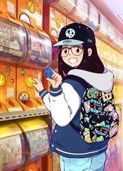  :d akuma_shogun aragon_honnin backpack bag baseball_cap black-framed_eyewear black_bag black_hair black_hat black_hole_(kinnikuman) blue_hat blue_jacket blue_pants brown_eyes commentary_request cowboy_shot denim female from_behind from_side gashapon glasses grin hat holding holding_toy hood hood_down hooded_jacket indoors jacket jeans kinnikuman long_hair long_sleeves looking_at_viewer looking_back looking_to_the_side multicolored_clothes multicolored_jacket open_mouth original pants pocket print_bag smile solo springman_(kinnikuman) standing stecase_king tareme toy two-tone_hat white_jacket white_sleeves 