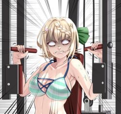  anger_vein bangs bikini blank_eyes blonde_hair braid braided_bangs breasts cleavage clenched_teeth collarbone emphasis_lines exercise exercise_machine female green_bikini hair_ornament hairclip kantai_collection large_breasts official_alternate_costume perth_(kancolle) shaded_face short_hair solo striped striped_bikini swimsuit teeth tk8d32 upper_body 