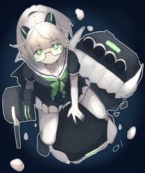  absurdres abyssal_plum_princess abyssal_ship black_dress black_nails closed_mouth colored_skin commentary dress female glasses green_eyes green_neckerchief highres horns kantai_collection looking_at_viewer ma_rukan nail_polish neckerchief pale_skin sailor_collar sailor_dress short_sleeves signature sitting solo white_hair white_skin 