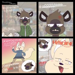  1:1 absurd_res aggretsuko anthro blush blush_lines bottomwear canid canine clothed clothing dialogue duo english_text female fennec_fox fenneko fox fully_clothed haida_(aggretsuko) hi_res hoodie hyena male mammal pandzart reaction_shot sanrio skirt spotted_hyena sweater text topwear true_fox underbite 