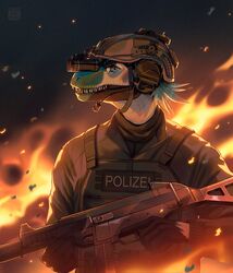  absurd_res anthro armor artist_name blue_eyes clothing fire glistening glistening_eyes green_body green_clothing green_scales green_topwear gun half-length_portrait headgear heckler_and_koch helmet hi_res holding_object holding_weapon male marie_merkh police police_uniform portrait ranged_weapon scales scalie sharp_teeth solo submachine_gun teeth topwear ump-45 uniform weapon white_body white_scales 