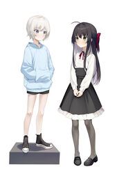  2girls aged_down ahoge alternate_hair_length alternate_hairstyle bandaid bandaid_on_knee bandaid_on_leg black_footwear black_hair black_legwear black_shorts black_skirt blue_eyes blue_hoodie bow center_frills closed_mouth collared_shirt colored_inner_hair commentary converse cross-laced_footwear dress_shirt eye_contact footstool frills full_body green_eyes hairbow half_updo hands_in_pocket height_difference high-waist_skirt highres hood hood_down hoodie light_blush lolicon long_hair long_sleeves looking_at_another multicolored_hair multiple_girls neck_ribbon original own_hands_together pantyhose petticoat puffy_long_sleeves puffy_sleeves red_bow red_ribbon ribbon shirt shirt_tucked_in shoes short_hair short_shorts shorts sidelocks simple_background skirt sneakers soya_(torga) standing standing_on_object tsurime two-tone_hair v_arms white_background white_hair white_shirt wing_collar 