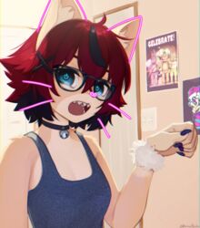  aeiou_(yoako) animal_ears bell black-framed_eyewear black_choker cat_ears choker commentary drawn_ears drawn_whiskers english_commentary female fingernails five_nights_at_freddy&#039;s five_nights_at_freddy&#039;s_1 friday_night_funkin&#039; furry furry_female glasses hair_ornament hand_up heart jingle_bell long_fingernails looking_at_viewer medium_hair multicolored_hair neck_bell open_mouth original paw_pose poster_(object) power_symbol-shaped_pupils red_hair sharp_teeth shirt solo streaked_hair symbol-shaped_pupils tank_top teeth upper_teeth_only x_hair_ornament yoako 