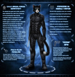  2012 adam_sung anthro armor black_body black_fur blue_eyes bodysuit clothing domestic_cat english_text felid feline felis fur gun handgun hi_res la_volpe looking_at_viewer male mammal model_sheet pink_nose pistol ranged_weapon science_fiction skinsuit solo superhero superpowers text tight_clothing weapon white_body white_fur 