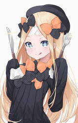  +_+ abigail_williams_(fate) bad_id bad_pixiv_id black_bow black_dress blonde_hair bow breasts crossed_bandaids dress fate/grand_order fate_(series) female fork glint hairbow highres holding holding_fork holding_knife knife lazu0721 licking_lips long_hair long_sleeves looking_at_viewer multiple_hair_bows orange_bow sleeves_past_fingers sleeves_past_wrists solo symbol-shaped_pupils tongue tongue_out very_long_hair 