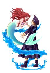  1boy ariel_(disney) blue_eyes boots brown_hair coat crown_(symbol) female floating hallsth-eien hat highres kingdom_hearts kingdom_hearts_iii looking_at_another mermaid monster_girl official_alternate_costume pirate_hat red_hair shell shell_bikini smile sora_(kingdom_hearts) standing the_little_mermaid 