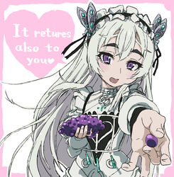  :d chaika_trabant dress english_text engrish_text female food fruit grapes heart highres hitsugi_no_chaika holding holding_food holding_fruit incoming_food long_hair long_sleeves looking_at_viewer maid_headdress open_mouth purple_eyes ranguage smile solo typehatena very_long_hair white_dress white_hair 