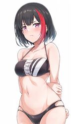  arms_behind_back bad_id bad_twitter_id bang_dream! bikini black_bikini blush breasts closed_mouth cowboy_shot earrings female from_below halterneck highres jewelry looking_at_viewer medium_breasts mitake_ran multicolored_bikini multicolored_clothes multicolored_hair navel pout purple_eyes short_hair simple_background solo standing streaked_hair suisen_toire_(moko924) swimsuit white_background 