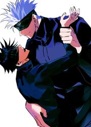  2boys black_blindfold black_hair black_jacket black_pants blindfold closed_mouth commentary_request facing_another fushiguro_megumi gojou_satoru height_difference highres holding_another&#039;s_wrist jacket jujutsu_kaisen long_sleeves male_focus multiple_boys open_mouth pants school_uniform shenshan_laolin short_hair simple_background smile spiked_hair white_background white_hair yaoi 