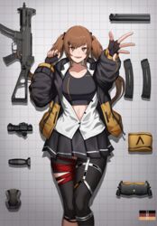  absurdres armband black_gloves black_jacket black_pantyhose black_skirt black_sports_bra black_thighhighs breasts brown_eyes brown_hair cero_(last2stage) commission female fingerless_gloves girls&#039;_frontline gloves gun h&amp;k_ump hair_between_eyes highres hood hooded_jacket jacket long_hair long_sleeves looking_at_viewer magazine_(weapon) medium_breasts miniskirt night_vision_device open_clothes open_jacket open_mouth pantyhose pleated_skirt scar scar_across_eye scope shirt single_leg_pantyhose single_thighhigh skirt solo sports_bra submachine_gun suppressor thighhighs twintails ump9_(girls&#039;_frontline) ump9_(mod3)_(girls&#039;_frontline) vertical_foregrip weapon white_shirt yellow_armband 