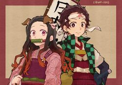  1boy animal_ears asa_no_ha_(pattern) bamboo bit_gag black_hair breastplate brother_and_sister brown_hair checkered checkered_vest dango_(uni_520) dog_ears earrings female forehead_scar gag gradient_hair hair_ribbon hair_slicked_back hanafuda headband japanese_clothes jewelry kamado_nezuko kamado_tanjirou katana kimetsu_no_yaiba kimono looking_at_viewer momotarou multicolored_hair peach_print pink_eyes pink_kimono pink_ribbon ribbon sheath sheathed siblings sword two-tone_background vest weapon white_headband white_ribbon 