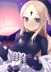  abigail_williams_(event_portrait)_(fate) abigail_williams_(fate) black_hat black_shirt blonde_hair blue_eyes bodystocking braid braided_ponytail breasts closed_mouth dress fate/grand_order fate_(series) female forehead grey_dress hat keyhole lantern long_hair long_sleeves looking_at_viewer off_shoulder paper_lantern parted_bangs ryofuhiko shirt sidelocks small_breasts smile solo very_long_hair 