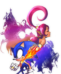  2009 anthro blue_body blue_fur clothing duo eulipotyphlan female fire frown fur genie gloves green_eyes hair handwear hedgehog humanoid male mammal pink_hair ponytail ring sega shahra_genie_of_the_ring shunan simple_background sonic_and_the_secret_rings sonic_storybook_series sonic_the_hedgehog sonic_the_hedgehog_(series) white_background 