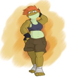  amphibian anthro bottomwear breasts cargo_pants clothed clothing confident daryl_(gtb23) female fingerless_gloves freckles frog gloves gtb23 hair handwear musclegut muscular muscular_female orange_hair pants semi_bare_feet shirt solo tank_top topwear wrapped_feet 