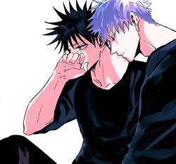  2boys black_hair black_pants black_shirt closed_eyes commentary_request covering_own_mouth fushiguro_megumi gojou_satoru green_eyes highres jujutsu_kaisen kissing kissing_neck male_focus multiple_boys pants shenshan_laolin shirt short_hair simple_background sitting spiked_hair white_background white_hair yaoi 