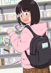  absurdres aragon_honnin backpack bag black_bag black_hair blush brown_skirt commentary_request cowboy_shot female from_behind glasses highres hood hood_down hoodie long_sleeves medium_hair open_mouth original photoshop_(medium) pink_hoodie polka_dot polka_dot_skirt shelf skirt smile solo standing upper_body 