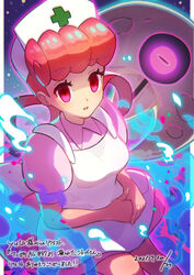  apron bad_id bad_pixiv_id breasts collared_dress commentary_request dated dress energy eyelashes female glowing glowing_eyes hair_rings hat highres joy_(pokemon) long_hair lunatone nurse nurse_cap own_hands_together pink_dress pokemon pokemon_(anime) pokemon_(creature) pokemon_rse_(anime) purple_eyes short_sleeves tom_(pixiv10026189) translation_request white_apron white_headwear 