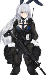  absurdres ak-15 ak-15_(girls&#039;_frontline) alternate_costume animal_ears assault_rifle black_gloves black_leotard black_pantyhose braid breasts fake_animal_ears female fte_(fifteen_199) girls&#039;_frontline gloves grey_hair gun highres id_card kalashnikov_rifle leotard long_hair long_sleeves medium_breasts pantyhose playboy_bunny purple_eyes rabbit_ears rifle scope shrug_(clothing) side_braid solo tactical_playboy_bunny very_long_hair weapon wrist_cuffs 