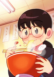  aragon_honnin black_hair black_sailor_collar black_shirt blue_neckerchief blush bowl ceiling ceiling_light chopsticks commentary_request eating female fluorescent_lamp food glasses grey_eyes halftone highres holding holding_bowl holding_chopsticks indoors jimiko kamaboko lamp medium_hair narutomaki neckerchief noodles original photoshop_(medium) ramen sailor_collar school_uniform serafuku shirt sign smile solo steam sweatdrop tile_ceiling tiles upper_body 