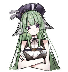  absurdres animal_ears arknights bad_id bad_pixiv_id bare_shoulders bird_ears closed_mouth female green_hair highres id_card long_hair looking_at_viewer poncirus_(arknights) purple_eyes shirt simple_background sleeveless sleeveless_shirt smile solo touko_(toko12_tooko) upper_body white_background 