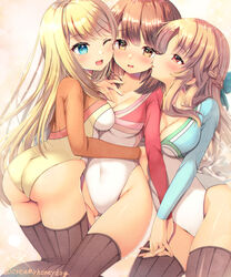  3girls ass athletic_leotard bad_id bad_pixiv_id blonde_hair blue_eyes blush braid breasts brown_eyes brown_hair brown_legwear chloe_lemaire commentary_request covered_navel cowboy_shot crown_braid girl_sandwich girlfriend_(kari) gymnastics highres holding_hands hug interlocked_fingers leotard long_hair matching_outfits medium_hair multiple_girls one_eye_closed rhythmic_gymnastics ribbed_legwear ribbed_thighhighs sandwiched sasahara_nonoka shiina_kokomi shindoi_akio smile thighhighs yuri 