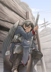  1other absurdres androgynous armor barbed_wire belt black_hair black_wings boots breastplate brown_eyes bullet_hole cloud coat commentary_request commission crate dirty dirty_face female gauntlets gloves gun highres ikeshiki-chuujou knee_boots long_hair looking_down military military_uniform open_mouth original pixiv_commission pouch power_lines rifle sandbag scared short_hair single_glove sky soldier sweat trench trench_coat uniform utility_pole war weapon wings 