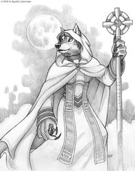  anthro blizzard_entertainment canid cape claws clothed clothing dress female fur hair hood kyoht_luterman magic_user mammal melee_weapon monochrome moon night outside priest simple_background solo staff traditional_media_(artwork) warcraft weapon were werecanid worgen 