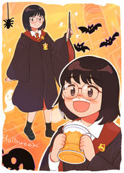  aragon_honnin bat_(animal) black_footwear black_hair blush border bug collared_shirt commentary_request female foam_mustache freckles full_body ghost glasses gryffindor halloween halloween_costume harry_potter_(series) highres hogwarts_school_uniform holding holding_wand jack-o&#039;-lantern jimiko multiple_views necktie open_mouth original outline partial_commentary photoshop_(medium) school_uniform shirt short_hair smile socks sparkle spider standing striped striped_necktie upper_body wand white_outline wide_sleeves wizarding_world 