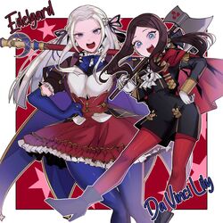  2girls axe bad_id bad_twitter_id blonde_hair blue_eyes blue_gloves blush breasts cape cosplay costume_switch crossover edelgard_von_hresvelg edelgard_von_hresvelg_(cosplay) fate/grand_order fate_(series) fire_emblem fire_emblem:_three_houses forehead full_body garreg_mach_monastery_uniform gauntlets gloves hair_ornament hair_ribbon highres kyou_(ningiou) leonardo_da_vinci_(fate) leonardo_da_vinci_(rider)_(fate) leonardo_da_vinci_(rider)_(fate)_(cosplay) long_hair long_sleeves looking_at_viewer multiple_girls pantyhose puff_and_slash_sleeves puffy_sleeves purple_eyes red_cape ribbon simple_background single_gauntlet smile uniform 