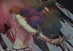  1boy arm_behind_back artist_name bare_arms belt boku_no_hero_academia breaking brown_hair commentary detached_arm earrings facing_away from_behind from_side fur_trim green_jacket grey_belt highres jacket jewelry male_focus mask no_shirt overhaul_(boku_no_hero_academia) pants plague_doctor_mask schaloime short_hair solo unworn_mask very_short_hair 