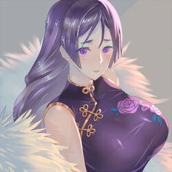  breasts china_dress chinese_clothes dress fate/grand_order fate_(series) female grey_background huge_breasts long_hair minamoto_no_raikou_(fate) minamoto_no_raikou_(traveling_outfit)_(fate) natsujiru purple_eyes purple_hair sidelocks solo very_long_hair 