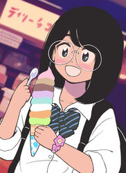  aragon_honnin backpack bag black_bag black_hair blue_bow blue_bowtie blue_eyes blurry blurry_background blush bow bowtie bracelet collared_shirt commentary_request dessert diagonal-striped_bow diagonal-striped_bowtie diagonal-striped_clothes female food glasses holding holding_food holding_ice_cream holding_spoon ice_cream ice_cream_cone indoors jewelry jimiko medium_hair open_mouth original oversized_eyewear photoshop_(medium) rimless_eyewear round_eyewear school_uniform shirt sign sleeves_past_elbows sleeves_rolled_up smile solo spoon striped_bow striped_bowtie striped_clothes too_many too_many_scoops upper_body white_shirt 