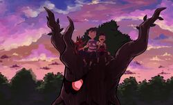  2boys 32890_(artist) :d absurdres aged_down baseball_cap black_eyes black_hair character_print cloud commentary hand_on_another&#039;s_shoulder hat highres kukui_(pokemon) litten male_focus multiple_boys open_mouth orange_eyes outdoors pants pokemon pokemon_(anime) pokemon_(creature) pokemon_sm_(anime) satoshi_(pokemon) shirt shoes short_hair short_sleeves sitting sky smile t-shirt torracat trevenant twilight 