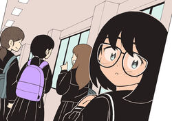  4girls aqua_eyes aragon_honnin backpack bag black-framed_eyewear black_hair black_sailor_collar black_shirt black_skirt blue_bag brown_hair commentary_request cowboy_shot dutch_angle from_behind glasses hallway indoors jimiko long_hair long_sleeves looking_back medium_hair multiple_girls open_mouth original photoshop_(medium) pleated_skirt ponytail purple_bag sailor_collar school_bag semi-circular_eyewear shirt shoulder_bag skirt smile standing upper_body window 